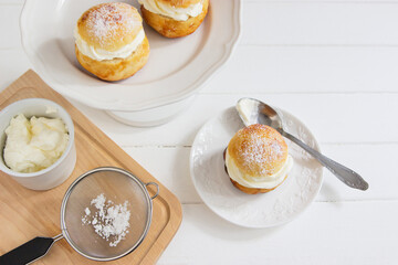 Fastelavn carnival buns sweet powder traditional nordic food.