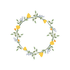 Daffodil and iris flower wreath. Green decorative ivy. Spring floral round frames. Creeper plant flat vector illustration