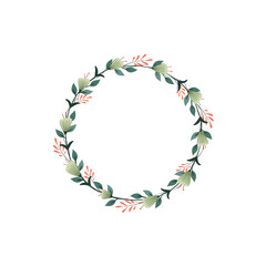 Bellflower, Red Fern and Crocosmia Mombretia flower wreath. Green decorative ivy. Spring floral round frames. Creeper plant flat vector illustration