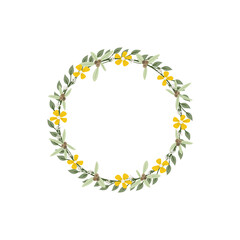 Babys breath, Berry and Nerium Olander flower wreath. Green decorative ivy. Spring floral round frames. Creeper plant flat vector illustration