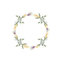 Iris, eucalyptus and snowberry flower wreath. Green decorative ivy. Spring floral round frames. Creeper plant flat vector illustration
