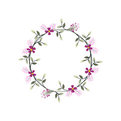Pink Fern, Iris and Lavender flower wreath. Green decorative ivy. Spring floral round frames. Creeper plant flat vector illustration