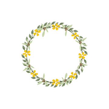 Babys breath, Berry and Nerium Olander flower wreath. Green decorative ivy. Spring floral round frames. Creeper plant flat vector illustration