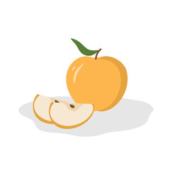 Flat illustration of a yellow apple. Apple, whole and cut into pieces. Healthy, fresh fruit. Vector illustration on white background.