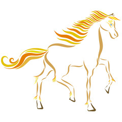 playful horse orange color stallion with a wavy mane gallops raises a hoof