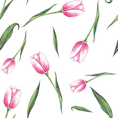 Fototapeta premium Watercolor tulips. Seamless pattern. Hand-painted