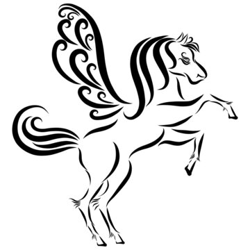A beautiful winged pegasus gallops with long curly manes with a graceful black pattern.
