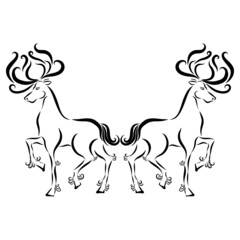Fototapeta na wymiar two Christmas deer with long black antlers are jumping and playing