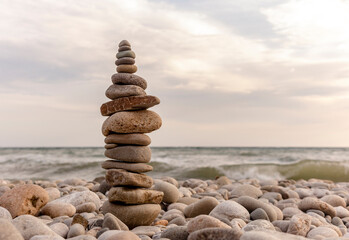 Pyramid of pebbles on the shore of the Black Sea