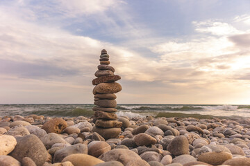 Pyramid of pebbles on the shore of the Black Sea