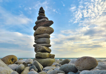 Pyramid of pebbles on the shore of the Black Sea