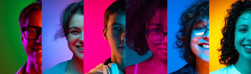 Multiethnic friends. Cropped portraits of people on multicolored background in neon light. Collage...