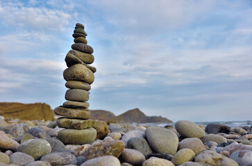 Pyramid of pebbles on the shore of the Black Sea