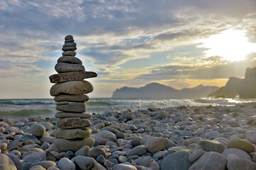 Pyramid of pebbles on the shore of the Black Sea