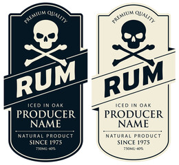Set of monochrome vector labels for rum in figured frames with human skulls and crossbones in retro style. Pirates collection of strong alcoholic beverages premium quality, iced in oak - obrazy, fototapety, plakaty