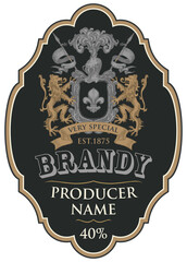 Vector label for Brandy with hand-drawn coat of arms on a black background in the figured frame. Hard liquor. Ornate vintage coat of arms with lions, flags, knights helmet and fleur de lis on a shield © paseven
