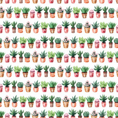 Watercolor seamless pattern with cacti in pots
