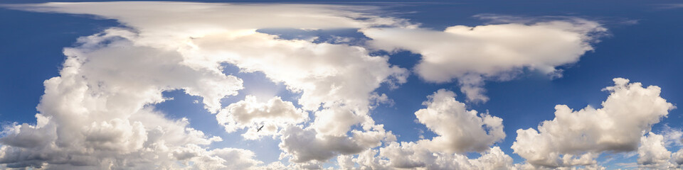 Blue sky panorama with puffy Cumulus clouds. Seamless hdr pano in spherical equirectangular format....
