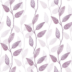 Fototapeta premium Seamless watercolor pattern with leaves and twigs. Hand painted leaves of different colors on a white background.