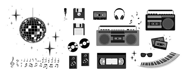 Black and white set of musical elements in retro style. Disco ball, tape recorder, tape cassettes, video cassette, headphones, notes and the like. Disco, party in vintage style. Vector illustration.