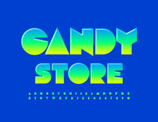 Vector Glossy Emblem Candy Store. Bright Sweet Font. Modern Alphabet Letters and Numbers 