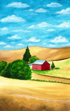 Watercolor rural landscape painting of a red farm house, surrounded by fields, trees and mountains. Hand painted background illustration.