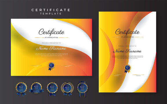 Orange and yellow certificate of achievement border template with luxury badge and modern line pattern. For award, business, and education needs