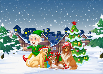 Obraz na płótnie Canvas Snowy night scene with Christmas cartoon characters