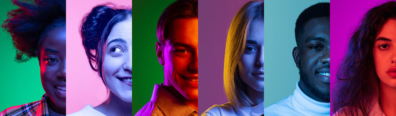 Fototapeta Multiethnic friends. Cropped portraits of people on multicolored background in neon light. Collage made of halves of faces of male and female models. obraz
