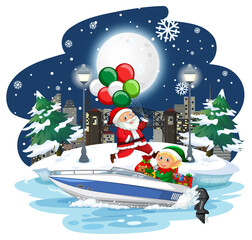 Naklejka premium Santa Claus and elf on a speedboat at snowy night