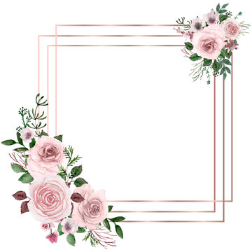 Floral Geometric Square Frame, Watercolor Flower Polygonal Rectangle Frame, Decorative Illustration with Garden Pink Roses and Green leaves, Dusty Pink Peony Background, Line art Frame 