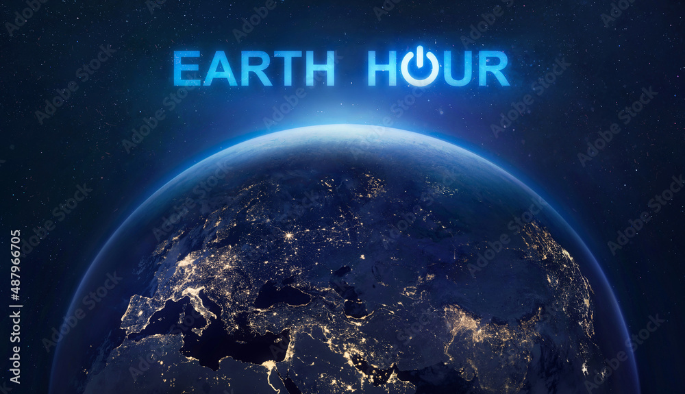 Poster earth hour 2022 event. planet earth at night in outer space. turn off your lights for save climate. 