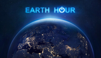 Earth Hour 2022 event. Planet Earth at night in outer space. Turn off your lights for save climate. Elements of this image furnished by NASA