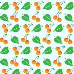 Pattern with cherries and leaves  on a green background for a good mood.