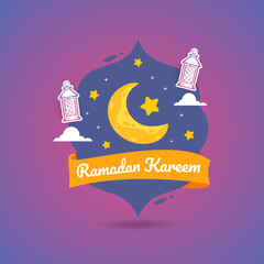 Ramadan Kareem. Illustration vector graphic. Design concept Crescent Moon with lantern in HandDrawn Sketch style, Perfect for Islamic Holy Month, banner, Postcard social media, greeting card