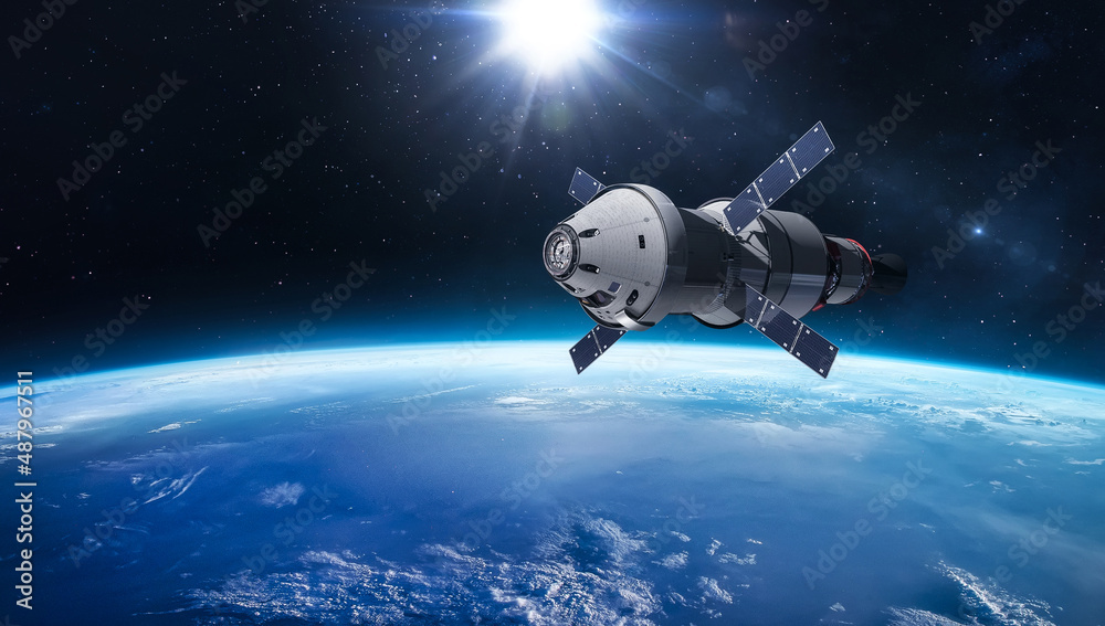 Poster Orion spacecraft on orbit of planet Earth. Sci-fi wallpaper. Artemis space program. Expedition to Moon. Spaceship with astronauts. Elements of this image furnished by NASA