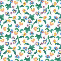 Fantastic flowers in a folkloric style. Intertwining greenery and leaves. Watercolor seamless pattern on white background.
