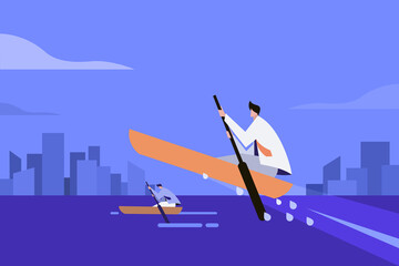 Conceptual illustration of a businessman taking his boat into flying mode to get ahead in the race