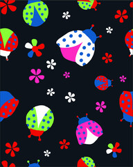 Beetles and flowers vintage seamless design.