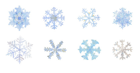 Set with watercolor snowflakes on a white background. Each element is hand painted in watercolor. Suitable for any designs. For cards, invitations, patterns, packaging, printing, covers, greetings.