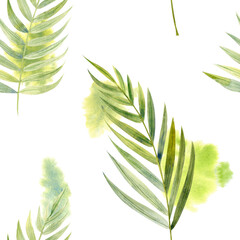 Seamless floral pattern with green leaves of palm houseplant. Each item is hand painted with watercolors. Ideal for textiles, fabrics, backgrounds, wrapping paper, wallpapers and your other designs.