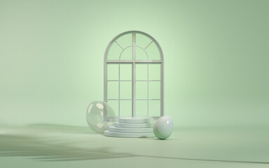 Easter eggs podium with 3d render vector in pastel blue and green background. Easter day with geometry platform for product. stand to show cosmetic products. Stage showcase on pedestal display.
