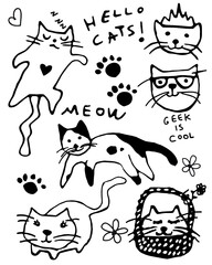 Cute cats doodles illustrations set. Pets stickers.