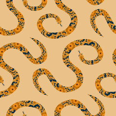 Snakes with floral ornament. Vintage flowers and serpent silhouette hand drawn vector illustration. Retro seamless pattern.