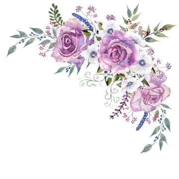 Flower bouquets with purple roses and anemones on a white isolated background. Hand-drawn watercolor illustration