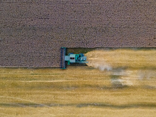 Fototapeta na wymiar aerial view of harvest time at farming field