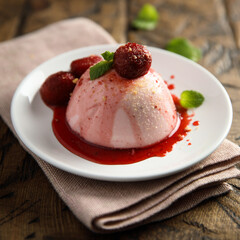 Homemade strawberry panna cotta with berry sauce