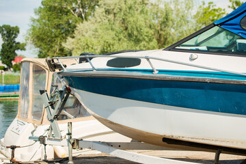 Fototapeta premium Stern of a motor yacht on slipways, close-up
