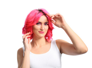 Fototapeta premium Stylish woman with bright hair on white background
