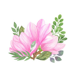 Magnolia flower, green leaves arrangement clipart, floral composition, bouquet with leaves and flowers simple watercolor illustration for greeting card, poster, trendy modern decor ideas
